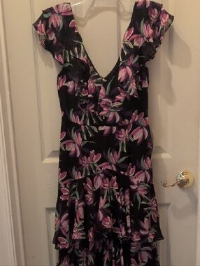 Wayf Black Floral Ruffle Maxi Dress with Pink And Purple Accents Sz Small